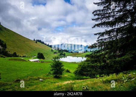 Lac des Confins et paysage de montagne à la Clusaz, France Banque D'Images