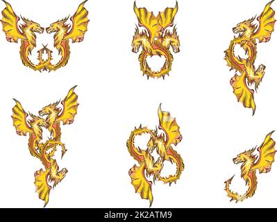 Symboles de dragon volant jaunes isolés sur un fond blanc pour les imprimés ou les logos. Dragons blazants et cadres de dragon pour textiles, tatouages, papier peint Banque D'Images