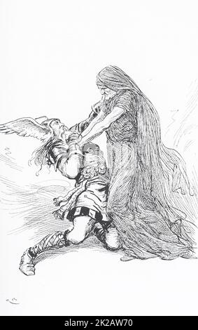 Dans la mythologie scandinave (Norse), la vieille femme qui pouvait vaincre Thor était connue sous le nom d'Elli. Elle était l'un des serviteurs d'Utgarda-Loki vivant à Jotunheim, le pays du géant. Thor était le dieu du tonnerre, et donc le dieu de la puissance et de la guerre. Fils d'Odin, il avait un marteau magique appelé Mjollnir qui lui retourna, une ceinture de force, et des gants de fer. Cette illustration date de 1913. Banque D'Images