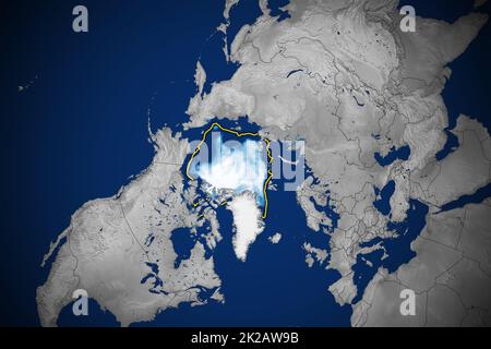 Arctique. 18th septembre 2022. Selon des observations par satellite, la glace de mer de l'Arctique a atteint sa limite minimale annuelle sur le 18 septembre 2022. Cette année, la couverture de glace a diminué jusqu'à atteindre une superficie de 4,67 millions de kilomètres carrés (1,80 millions de milles carrés), soit environ 1,55 millions de kilomètres carrés (598 000 milles carrés) de moins que le minimum moyen de 1981-2010, soit 6,22 millions de kilomètres carrés (2,40 millions de milles carrés). La carte en haut de cette page montre l'étendue de la glace de mer sur 18 septembre 2022. L'étendue de la glace de mer est définie comme la superficie totale dans laquelle la concentration de glace est d'au moins 15 pour cent. (Credit image: © NASA Banque D'Images