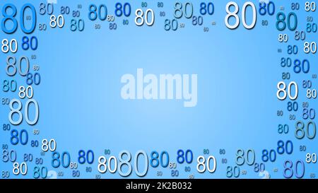 Carte de vœux avec espace pour votre texte ou signature - encadrée de plusieurs chiffres 80 dans différentes tailles et nuances de bleu Banque D'Images