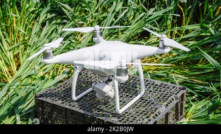 Quadrocopters sur une boîte en plastique dans l'herbe Banque D'Images