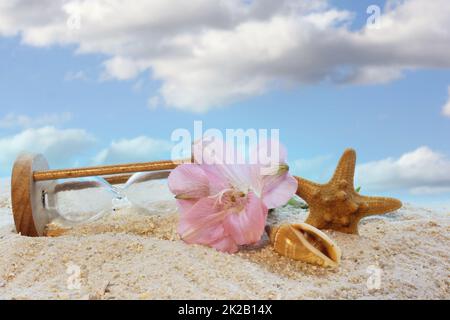 Sablier brisé avec coquillages et fleurs sur la plage Banque D'Images