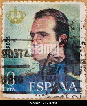 Photo of a 3 pesetas Spanish postage stamp featuring an image of King Juan Carlos I from 1975 the year of his proclamation as king Stock Photo