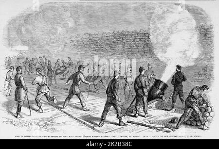 La guerre en Caroline du Nord - bombardement de fort Macon - la batterie de mortier de 10 pouces, le capitaine Flagler, en action. Avril 1862. Siège du fort Macon. Illustration de la guerre de Sécession américaine du 19th siècle tirée du journal illustré de Frank Leslie Banque D'Images