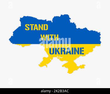 Texte stand with Ukraine. Concept sauver l'Ukraine de la Russie et s'il vous plaît arrêter la guerre. Texte ukrainien sur la carte des couleurs. Priez pour la paix en Ukraine. Le monde entier priant pour l'Ukraine. Illustration vectorielle. Banque D'Images