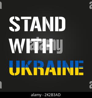 Texte stand with Ukraine. Concept sauver l'Ukraine de la Russie et s'il vous plaît arrêter la guerre. Texte ukrainien en couleur du drapeau. Priez pour la paix en Ukraine. Le monde entier priant pour l'Ukraine. Illustration vectorielle. Banque D'Images