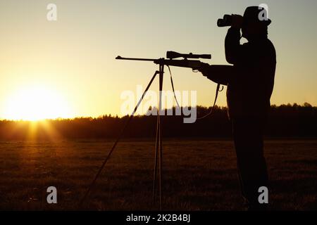 Sur le coup d'œil. Une silhouette d'homme dans la faune avec son fusil de sniper prêt et regardant à travers ses jumelles. Banque D'Images