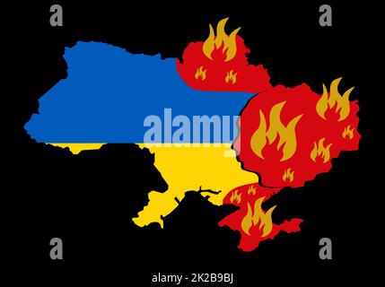 Arrêter la guerre. Sauver l'Ukraine. Carte stylisée de l'Ukraine avec le drapeau national et attaqué les territoires en feu sous la forme d'une tête sanglante a usurarper. Carte de l'Ukraine de saignement sur le feu - vecteur d'illustration concept. Banque D'Images