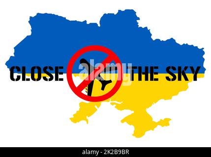 Fermez le texte Sky sur la carte de l'Ukraine. Protestation contre la guerre en Ukraine. Panneau rouge interdisant et avions militaires avec missiles et bombes. La destruction de la population civile ne peut pas être autorisée. Banque D'Images