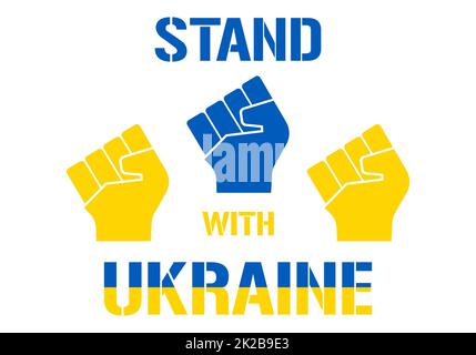 Texte « Stand with Ukraine » - Fist. Concept sauver l'Ukraine de la Russie et s'il vous plaît arrêter la guerre. Texte ukrainien en couleur du drapeau. Priez pour la paix en Ukraine. Le monde entier priant pour l'Ukraine. Vecteur main levée Banque D'Images