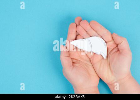 Tenir un foie dans les mains, diagnostic d'hépatite, cancer, cirrhose, problème de santé, don d'organes, espace de texte Banque D'Images
