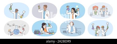 Ensemble de scientifiques avec des tubes faire des expériences Banque D'Images