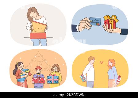 Ensemble de personnes heureux donner des cadeaux lors des anniversaires Banque D'Images