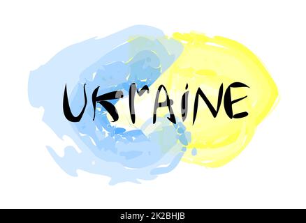 L'inscription dans les couleurs nationales de l'Ukraine. Illustration vectorielle en soutien de l'Ukraine. fond jaune-bleu, imprimé t-shirt. arrêter le concept de guerre. Banque D'Images