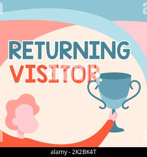 Affiche textuelle montrant le visiteur de retour, Business concept qui avait visité avant et revenir à votre site Man Holding Trophy Cup Up High Celeding Vic Banque D'Images