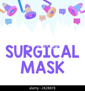 Affichage conceptuel masque chirurgical. Mot écrit sur porté par les professionnels de la santé pendant la chirurgie et pendant les mégaphones de soins dessin donnant des commentaires positifs faire une annonce Banque D'Images