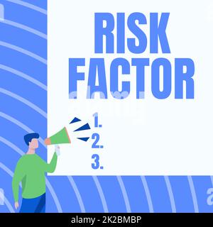 Facteur de risque lié à l'écriture manuscrite. Aperçu de l'entreprise caractéristique qui peut augmenter le pourcentage d'acquisition d'un homme d'affaires de maladie dessin parlant par Megaphone faire une nouvelle annonce. Banque D'Images