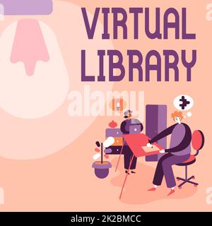 Affiche la bibliothèque virtuelle. Concept Internet Bibliothèque virtuelle partenaires partager de nouvelles idées pour améliorer les compétences stratégies de travail. Banque D'Images