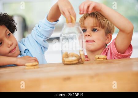 Les cookies sont les meilleurs. Un petit garçon attrapant des biscuits. Banque D'Images