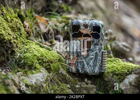 Caméra de randonnée camouflée debout sur des rochers recouverts de mousse dans la nature Banque D'Images