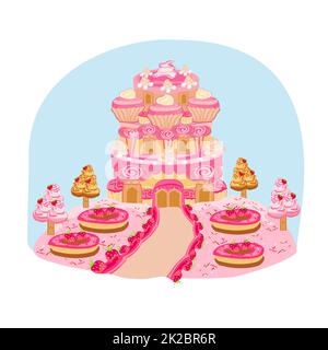 Terre de bonbons de château multicolore - illustration de conte de fées Banque D'Images