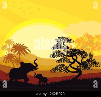 Affiche carte Savannah africaine de dessin animé - éléphants au coucher du soleil Banque D'Images