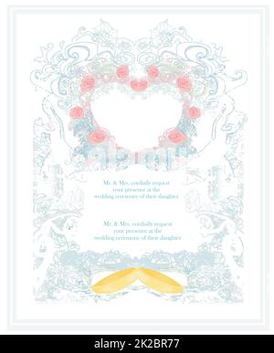 carte d'invitation à un mariage élégante avec cadre en forme de coeur vintage et anneaux de mariage dorés Banque D'Images