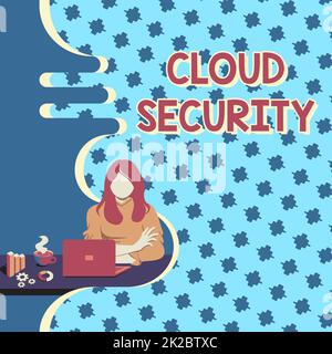 Signature manuscrite Cloud Security. Concept signification protéger les informations stockées sécurité technologie contrôlée femme assis à l'aide d'un ordinateur portable session en ligne discuter des derniers projets. Banque D'Images