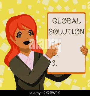 Inspiration montrant Sign Global solution. Photo conceptuelle traitant d'une situation difficile qui peut aider les pays femmes d'affaires dessin tenue blanc Tableau blanc présentant des annonces Banque D'Images