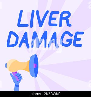 Légende présentant des lésions hépatiques. Les affaires présentent des dommages au foie et à sa fonction en raison de l'abus d'alcool Illustration de la main tenant le mégaphone avec Sun Ray faire l'annonce. Banque D'Images