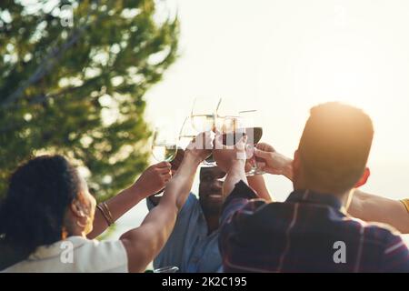 Allons les élever. Photo d'un groupe d'amis qui élèvent leurs lunettes pour un toast tout en étant assis autour d'une table ensemble à l'extérieur. Banque D'Images