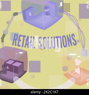 Légende conceptuelle Solutions de vente au détail. Le processus conceptuel de photo visant à promouvoir une plus grande vente et la satisfaction de la clientèle s'est joint aux stands fournissant les ressources nécessaires sur le lieu de travail. Banque D'Images
