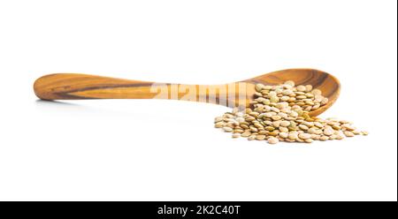 Lentilles brunes non cuites. Légume cru dans une cuillère en bois isolée sur fond blanc. Banque D'Images