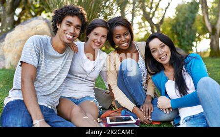 Diversité des collèges. Photo d'un groupe diversifié d'étudiants assis à l'extérieur à l'aide d'une tablette numérique. Banque D'Images