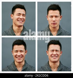 Exprimez-vous. Photo composite d'un jeune homme faisant différentes expressions du visage sur fond gris. Banque D'Images