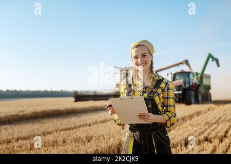 Agriculteur sur le champ de grain avec le tracteur et la moissonneuse-batteuse en arrière-plan Banque D'Images