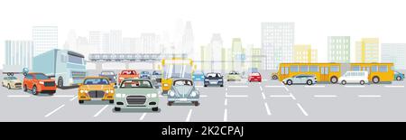 Grande ville avec circulation routière dans les embouteillages et les transports en commun, illustration Banque D'Images