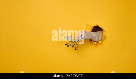 la main femelle tient un panier miniature sur un fond jaune, une partie du corps dépasse d'un trou déchiré dans un fond en papier. Concept d'affaires, début des ventes et achats en ligne Banque D'Images