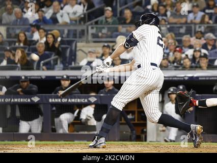 New York City, United States. 22nd Sep, 2022. New York Yankees Giancarlo Stanton hits a two-run home against the Boston Red Sox in the 6th inning to give the Yankees a 3-0 lead at Yankee Stadium in New York City on Thursday, September 22, 2022. Photo by John Angelillo/UPI Credit: UPI/Alamy Live News Stock Photo