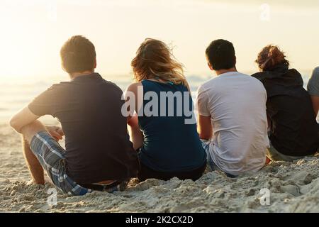 Boire dans la vue ensemble. Vue arrière d'un groupe d'amis anonymes en admirant le coucher du soleil ensemble tout en étant assis sur la plage. Banque D'Images