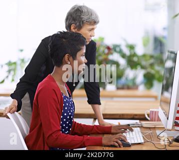 Le succès exige un travail acharné. Photo de deux collègues féminins discutant du travail sur un ordinateur de bureau. Banque D'Images