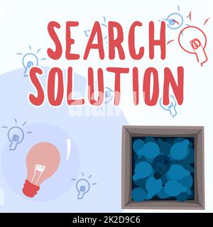 Affichage conceptuel solution de recherche. Internet concept une action ou un processus de trouver une solution à un problème luminescent ampoule dessin dans la boîte Afficher les découvertes fraîches. Banque D'Images