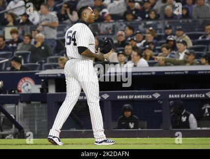 New York City, United States. 22nd Sep, 2022. New York Yankees pitcher Aroldis Chapman walks off the mound after being replaced in the 8th inning against the Boston Red Sox at Yankee Stadium in New York City on Thursday, September 22, 2022. Photo by John Angelillo/UPI Credit: UPI/Alamy Live News Stock Photo