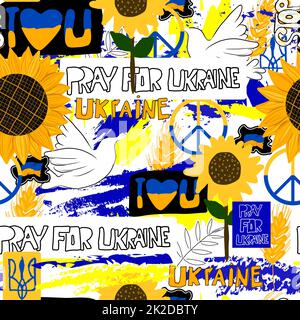 Ukraine motif vectoriel sans couture. SYMBOLES DU PAYS dans les couleurs nationales ukrainiennes bleu-jaune. répétition. Soutenir le contexte de l'Ukraine. Banque D'Images