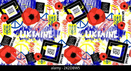 Ukraine motif vectoriel sans couture. SYMBOLES DU PAYS dans les couleurs nationales ukrainiennes bleu-jaune. répétition. Soutenir le contexte de l'Ukraine. Banque D'Images