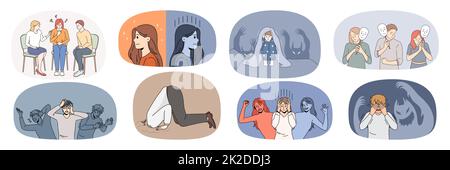 Ensemble de personnes malheureuses souffrent de problèmes mentaux Banque D'Images