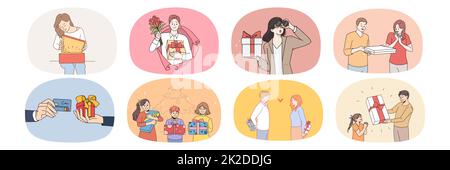 Lot de personnes fêtent Obtenez des cadeaux d'anniversaire Banque D'Images