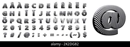 lettres métalliques demi-ton ligne art rétro bande dessinée texte vectoriel en majuscules avec accents et symboles de langue étrangère Banque D'Images