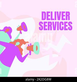 Services de création de légendes conceptuelles. Concept Internet l'acte de fournir un service de livraison aux clients femmes dessin holding mégaphones faire une annonce au public. Banque D'Images